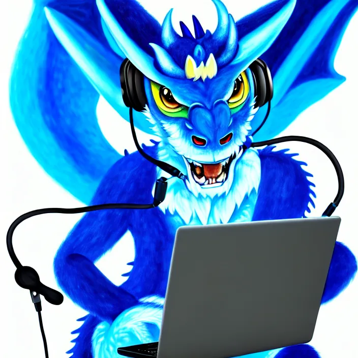 Prompt: a photorealistic painting of an anthropomorphic blue dragon wearing headphones, laptop, oil on canvas, furry, soft lighting
