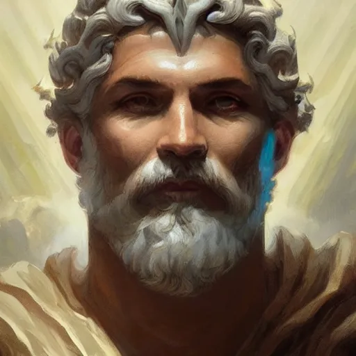 Image similar to ''face portrait of zeus with lighting eyes, greek mythology, greece, fantasy, dungeons and dragons, d & d, digital painting, artstation, concept art, sharp focus, illustration, art by greg rutkowski and alphonse mucha''