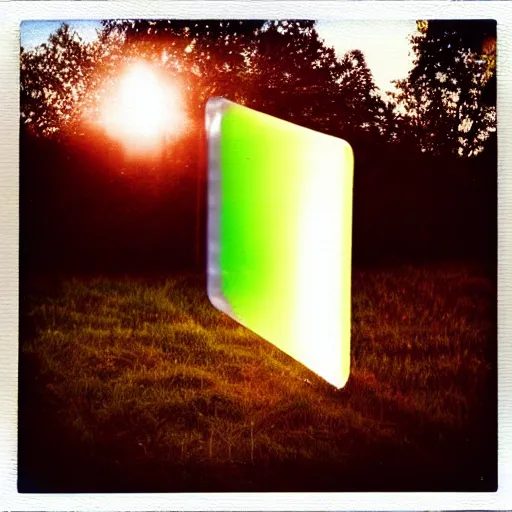 Prompt: a pastel coloured Polaroid photo of a cubic neon transparent perspex piano in a field, beams of light, nostalgic