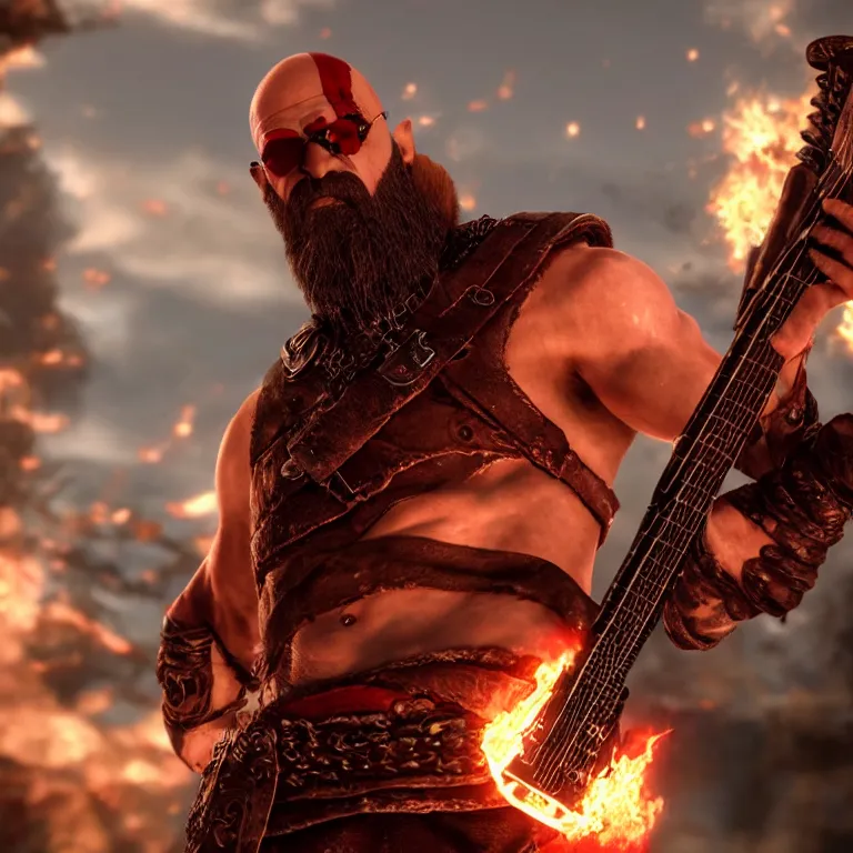 Prompt: sunglasses wearing kratos rocking out on a flaming stratocaster axe, cinematic render, god of war 2 0 1 8, playstation studios official media, lightning, flames, red stripe, red eye stripe, clear, coherent