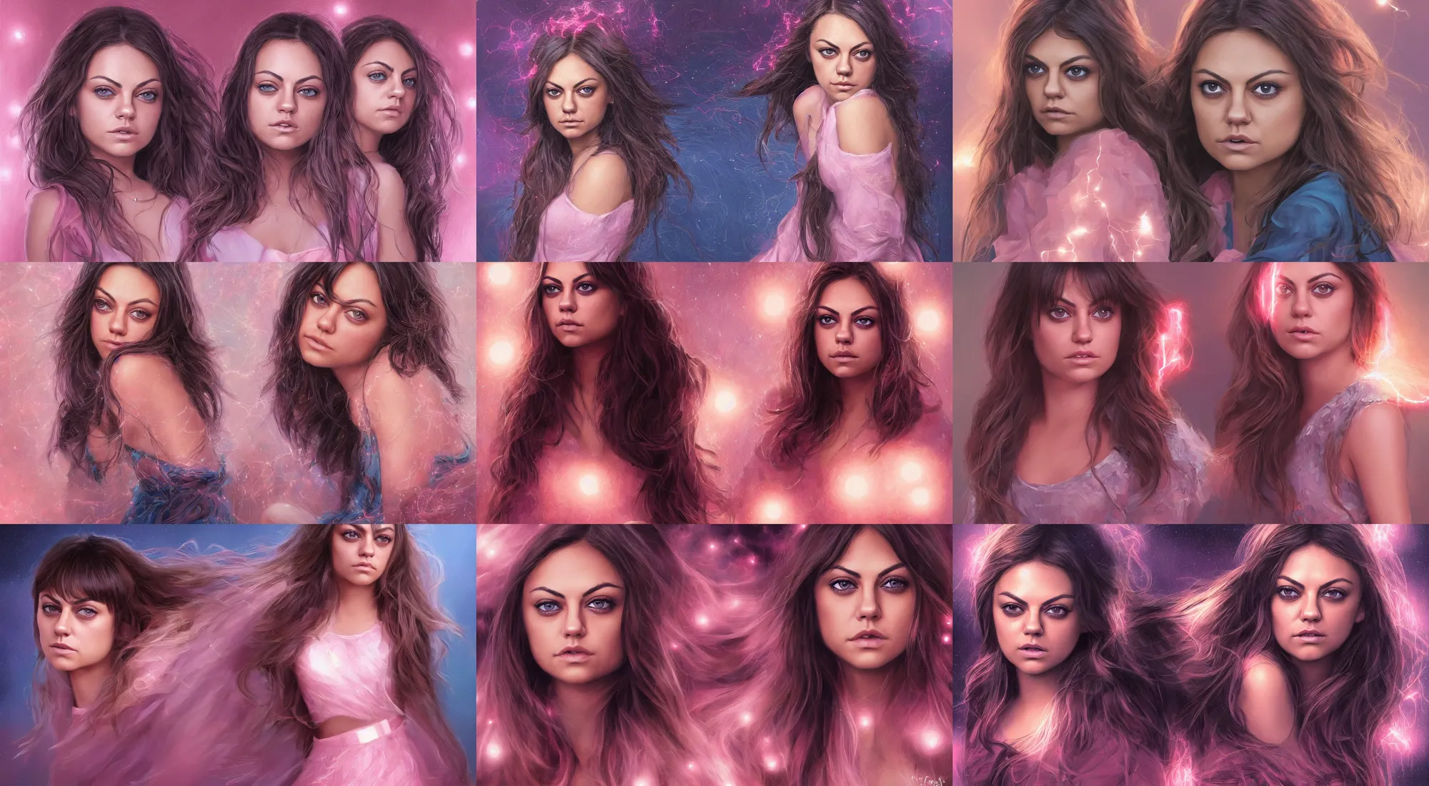 Prompt: full body portrait of teenage mila kunis, bangs, blue eyes, sultry expression, blond hair, sultry smirk, bangs and wavy hair, pink skirt, intricate, elegant, glowing lights, highly detailed, digital painting, artstation, concept art, smooth, sharp focus, illustration, art by wlop, mars ravelo and greg rutkowski