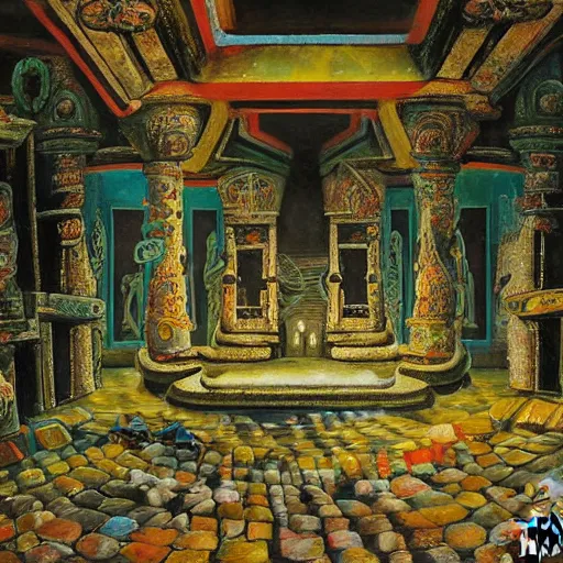 Image similar to high quality, high detail painting, dutch masterpiece, fluxus, film noir, ernst haekl, empty theater stage in las pozas with quetzalcoatl at night, hd, muted lighting