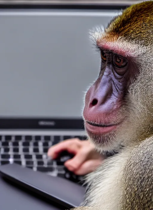 Prompt: A realistic photo of a monkey using a macbook, cinematic, detailed