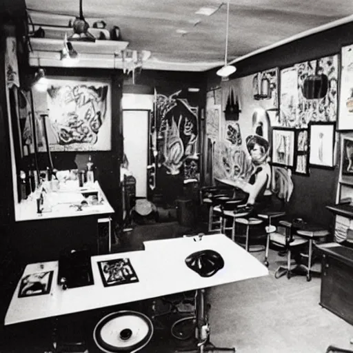 Image similar to “ interior of tattoo studio in 1 9 6 0 ”