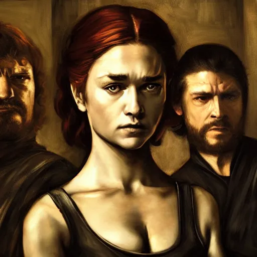 Prompt: game of thrones trailer, moody, highly detailed, dynamic lighting, painting by caravaggio, oil painting, realism