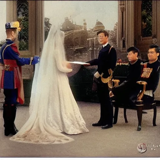 Image similar to a wide full shot, colored russian and japanese mix historical fantasy of a photograph taken of the royal wedding officiant addresses the couple, photographic portrait, warm lighting, 1 9 0 7 photo from the official wedding photographer for the royal wedding. ultra realistic, photorealistic, cinema, hyper realistic, depth of field, film still.