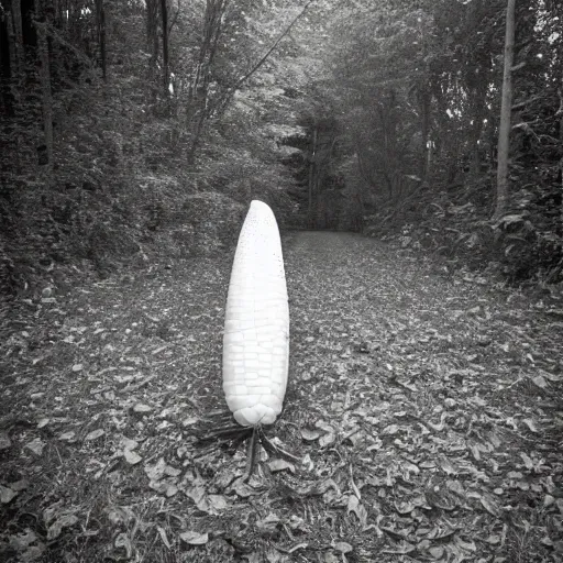 Image similar to giant corn on the cob, caught on nighttime trail cam footage, ominous