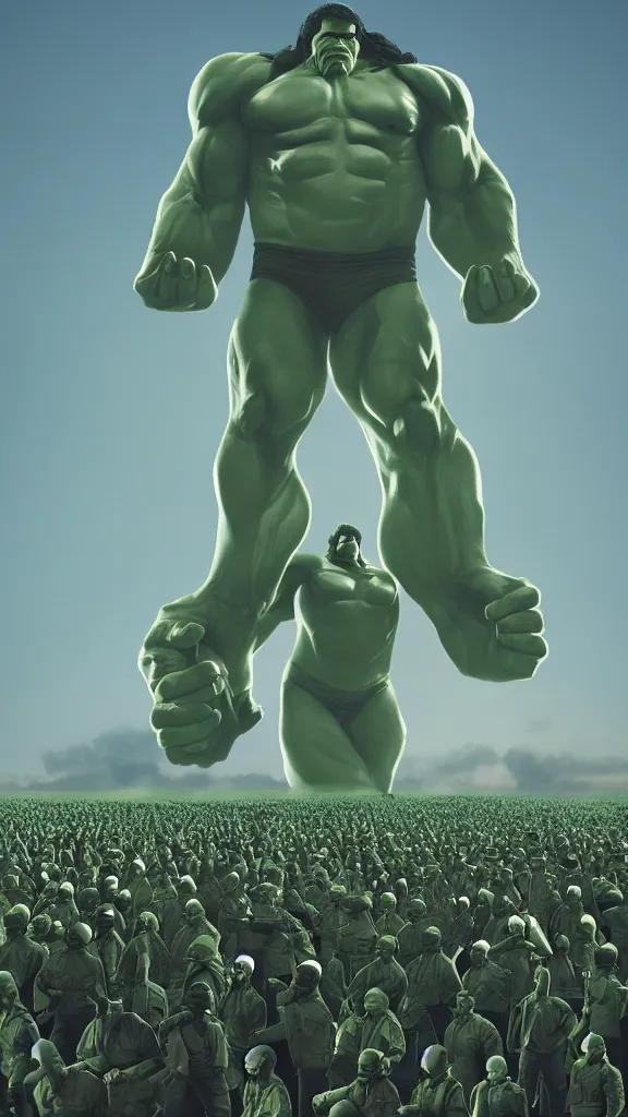 Image similar to army of Obama clones the size of the Hulk by Beeple, 4K