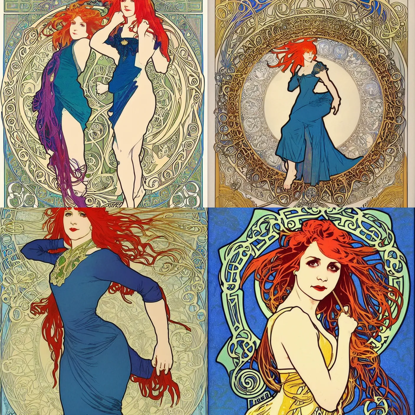 Prompt: Alphonse Mucha, art nouveau, cardstock, pretty female Hayley Williams Paramore, smile, symmetrical, victorian blue dress, long red hair, full body action pose, gold green blue purple