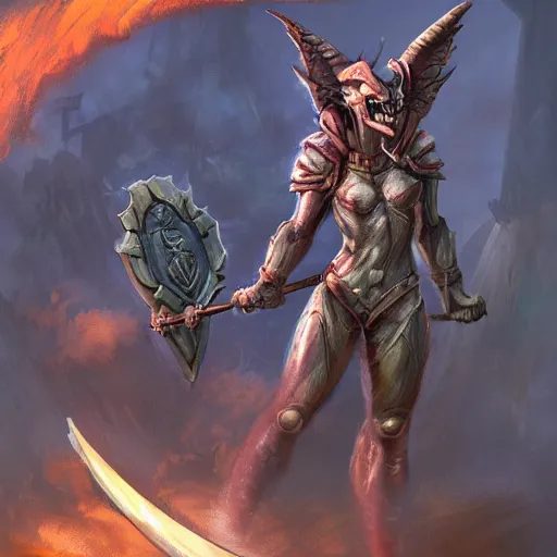 Image similar to disney's gargoyles!!!! female!! winged warrior! flaming sword ( devilish smile ) ( ( plate armor ) ) ( ( ( shield ) ) ), fantasy painting, concept art, 4 k