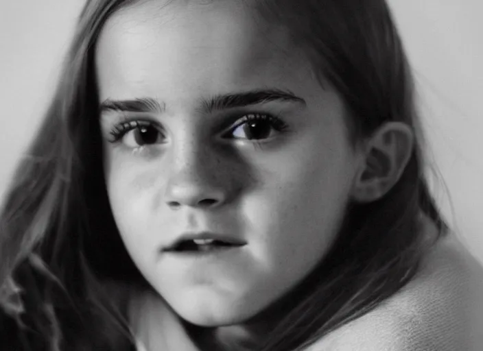 Prompt: professional fine detailed photo portrait of young emma watson from makhachkala, dagestan. kid emma watson in the postsoviet suburbia, iphone photo, instagram, black and white - - cfg _ scale 7