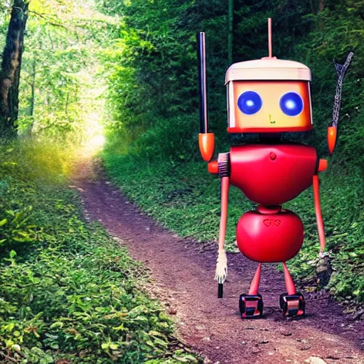 Image similar to cute robot wearing a tomato hat and a walking stick, trekking in a forest, pixar style