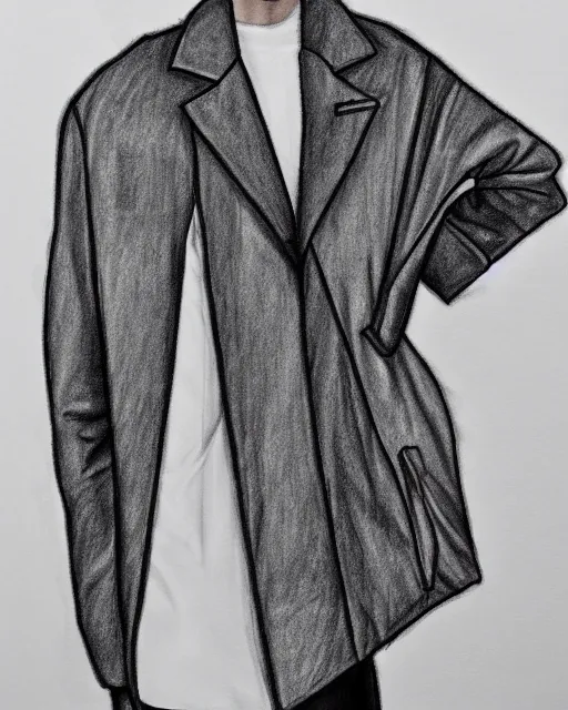 Prompt: rough marker sketch of a male model wearing a baggy menswear moto jacket by issey miyake, 4 k, astonishing detail, studio lighting, wide angle lens