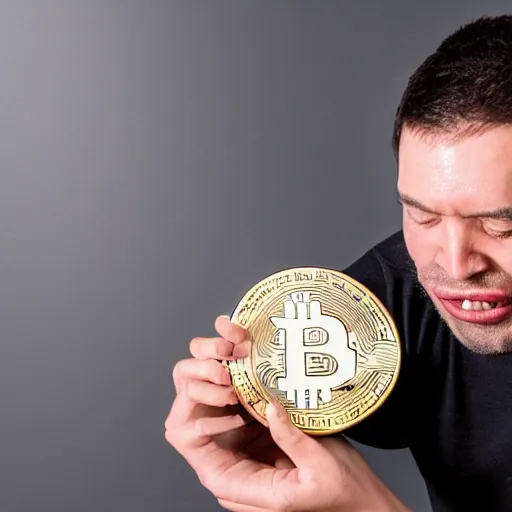 Prompt: a man licks a bitcoin, awkward, studio photo, award winning