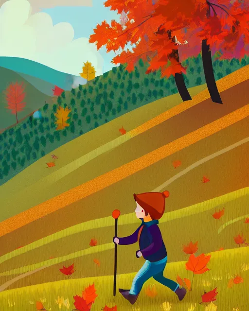 Image similar to autumn hillside boy hiking illustration detailed, by alba ballesta gonzalez