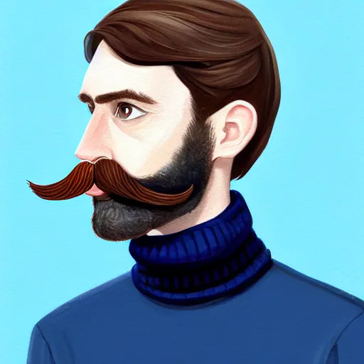 Prompt: gangly man with short dark blond wavy hair, dark blond short beard, very short mustache, English heritage, blue eyes, middle aged, wearing a turtleneck and jacket, pale skin, narrow face, digital art, painterly, cartoon, cute, 8k, illustration, art by loish, painterly, trending on artstation, medium shot, uncropped