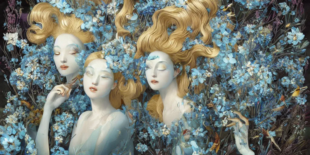 Image similar to breathtaking detailed concept art painting art deco pattern of blonde faces goddesses amalmation light - blue flowers with anxious piercing eyes and blend of flowers and birds, by hsiao - ron cheng and john james audubon, bizarre compositions, exquisite detail, extremely moody lighting, 8 k