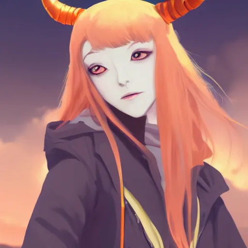 Image similar to a pale redheaded demoness with yellow eyes and horns wearing a jacket, highly detailed, digital painting, artstation, matte, by makoto shinkai, animation style