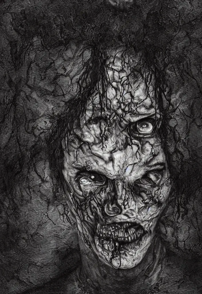 Prompt: extreme closeup portrait of a zombie face made of people, creepy atmosphere, dark, portrait, very realistic, illustration by gustave dore