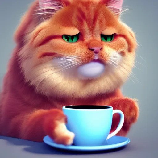 Prompt: cute fluffy fat ginger cat drinking coffee from a bowl, digital art, octane render, artstation, 4k