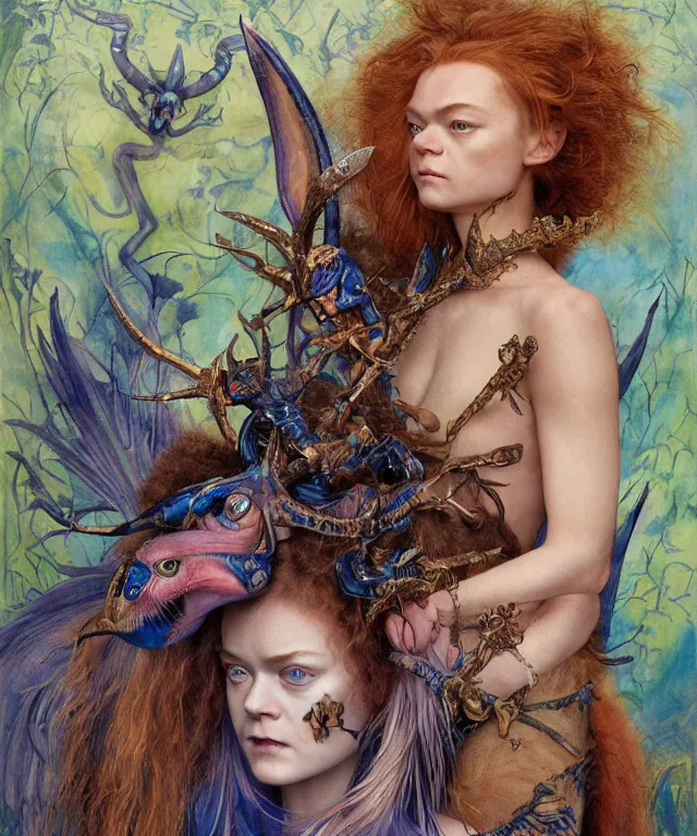 Prompt: a portrait photograph of a meditating fierce sadie sink as a colorful harpy antilope super villian with amphibian blue skin. her body is transformed into an alien beast. by donato giancola, hans holbein, walton ford, gaston bussiere, peter mohrbacher and brian froud. 8 k, cgsociety, fashion editorial