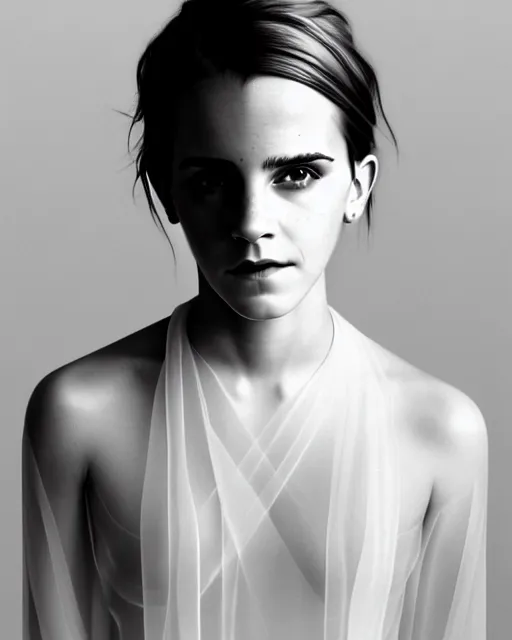 Prompt: symmetrical emma watson portrait cream white background, soft diffused light, bjork aesthetic, translucent, by rineke dijkstra, intricate details, highly detailed, masterpiece,