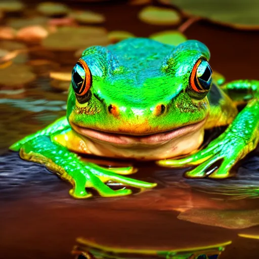 Prompt: photorealistic painting of a giant rainbow frog jumping across a pond on a sunny day, dream filter, award winning art, trending on artstation, 4 k, 8 k