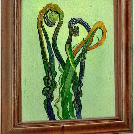 Image similar to Fiddleheads, painted by Vincent Van Gogh (1890), oil on canvas, detailed brushstrokes