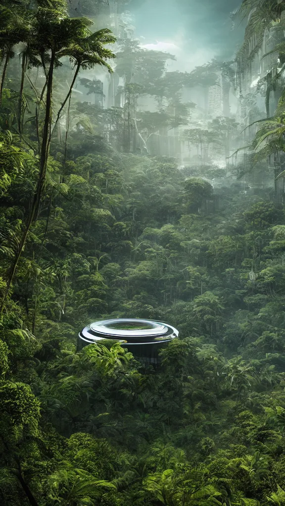 Image similar to extreme wide shot a futuristic containment building in a rainforest valley with a city in the distance, national geographic, hyper realistic, 4 k, warm light, the will to endure, artstation