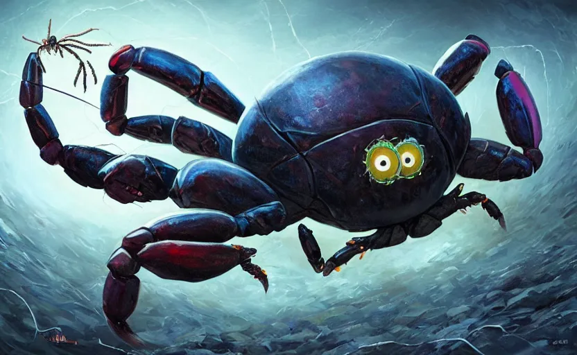 Prompt: anthropomorphic crab superhero fighting a spider, by jim burns, digital art, very coherent symmetrical artwork, cinematic, hyper realism, high detail, 8 k, vibrant colors, high contrast