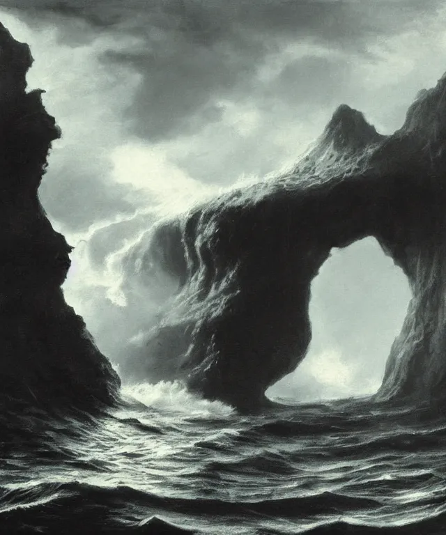 Image similar to photorealistic painting of a 1 9 2 5 seiner sailing near a tropical cliff with the mouth of a sea cave at the waterline, dark, brooding, atmospheric, lovecraft, horror, smooth, epic, highly detailed, cinematic, by lee gibbons