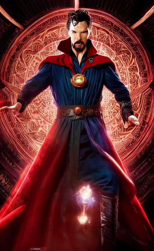 Image similar to epic doctor strange wallpaper, black and red suit, dynamic lighting, photorealistic fantasy concept art, trending on art station, stunning visuals, terrifying, creative, cinematic