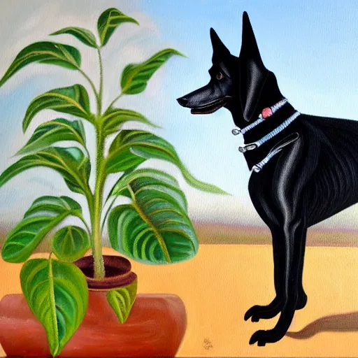 Prompt: oil painting of a black hound bearing its teeth next to brugmansia suaveolens flowers