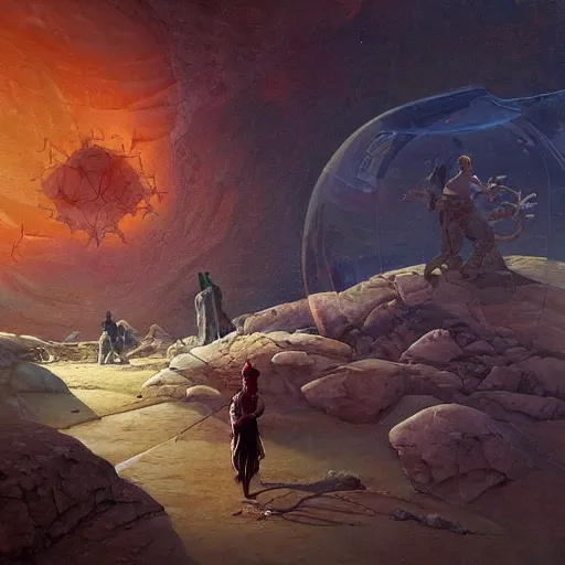 Prompt: A fresco painting of a nomadic wanderer traversing a corrupted futuristic crystal desert by Jacek Yurka, Kelly Freas, Filip Hodas, Paul Lehr, Dan Mumford, Max Ernst, Roger Dean, Caspar David Friedrich