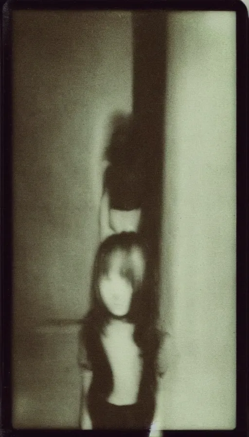 Prompt: found polaroid photo of a girl floating in a dark hallway, possessed