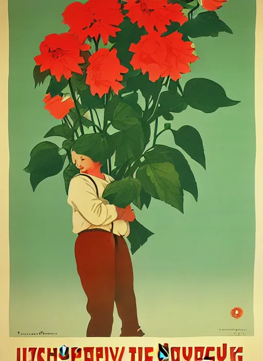 Image similar to soviet propaganda poster of phrase'tend to the flowers ', socialist realism