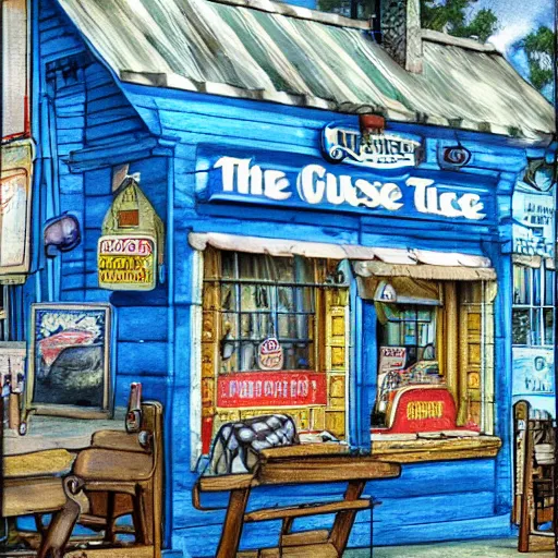 Image similar to the blue goose tavern. a big and famous roadside tavern. delicious fried pudding with sweet liquor is served here. fantasy art, high details