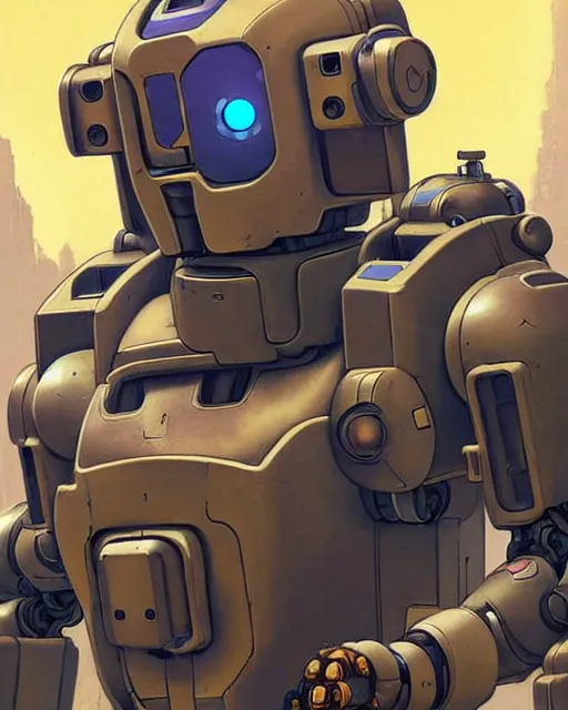 Image similar to bastion the friendly robot from overwatch, character portrait, portrait, close up, concept art, intricate details, highly detailed, vintage sci - fi poster, retro future, in the style of chris foss, rodger dean, moebius, michael whelan, and gustave dore