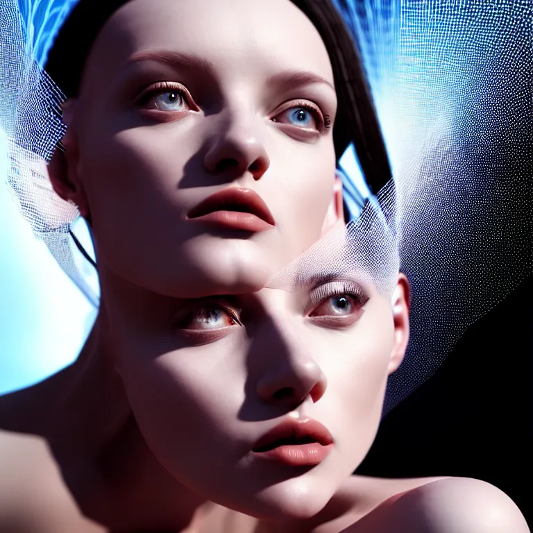 Prompt: hyperrealism photography computer simulation visualisation of parallel universe cgi dramatic scene with beautiful highly detailed ukrainian woman by caravaggio wearing neofuturistic neural interface by josan gonzalez. volumetric natural light - s 1 5 0