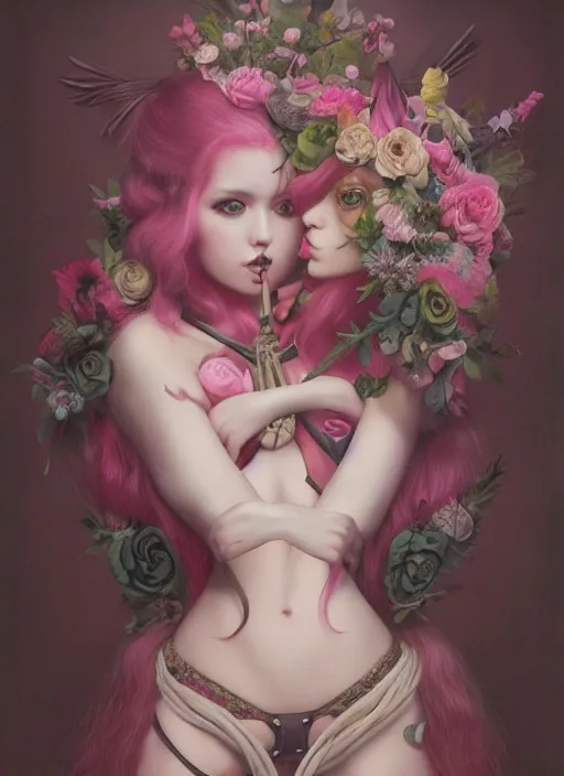 Image similar to pop surrealism, lowbrow art, realistic seductive cute woman painting, pink body harness, long hair, japanese shibari with flowers, hyper realism, muted colours, rococo, natalie shau, loreta lux, tom bagshaw, mark ryden, trevor brown style,
