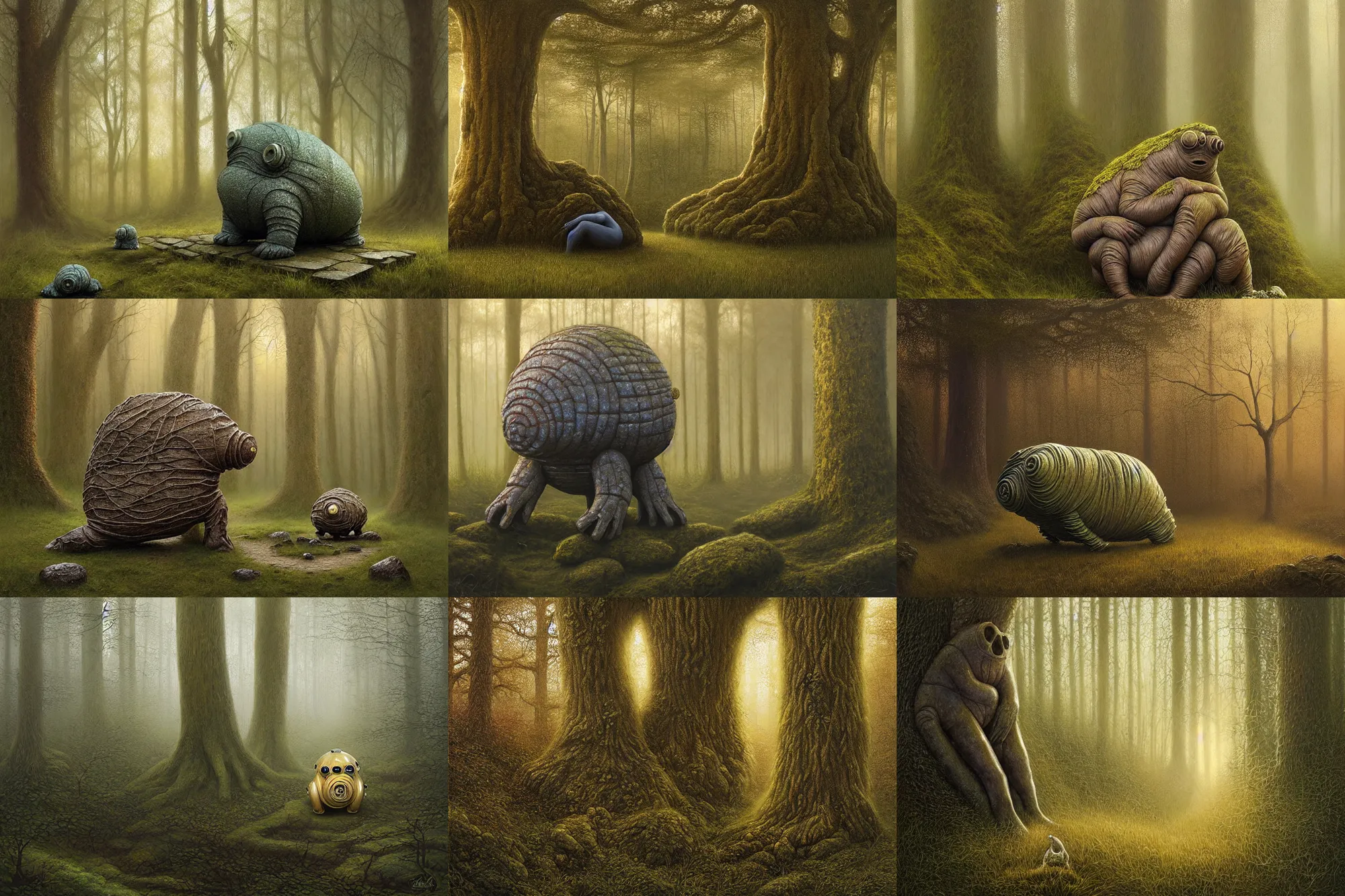 Prompt: tardigrade statue in the forest, smooth, stone, ethereal, overgrowth, fantasy, elegant, golden hour, digital painting by lee madgwick, masterpiece