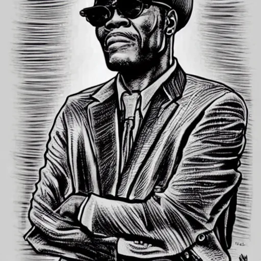 Image similar to a portrait of Samuel L Jackson drawn by Robert Crumb