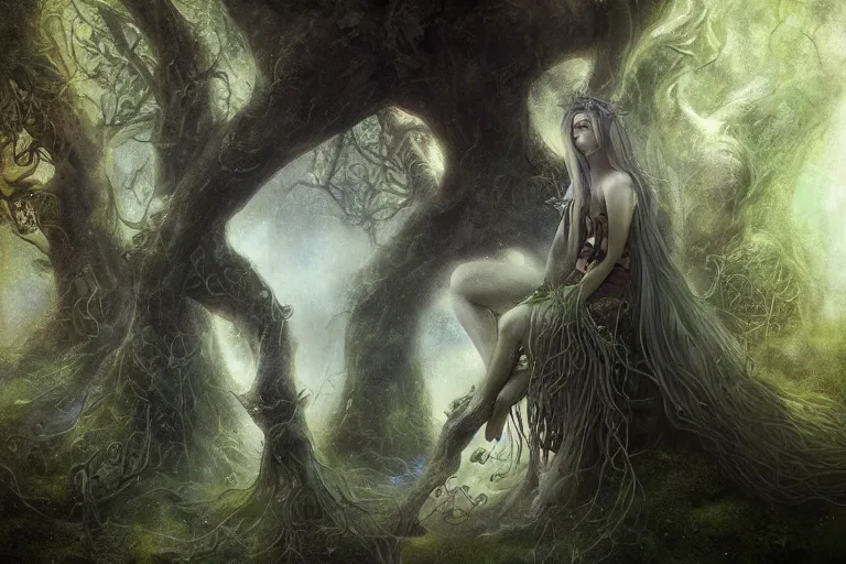 Prompt: portrait of a dryad by brian froud and jessica rossier dark mysterious