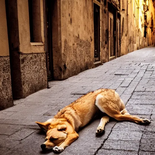 Image similar to dingo coyote mix dog lying on the street in ancient florence, high quality digital art, cinematic lighting, moody lighting