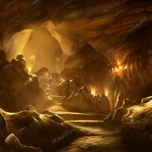 Image similar to beautiful matte painting of a cave with glowing crystals on the walls and bone piles on the floor, fantasy, sharp focus