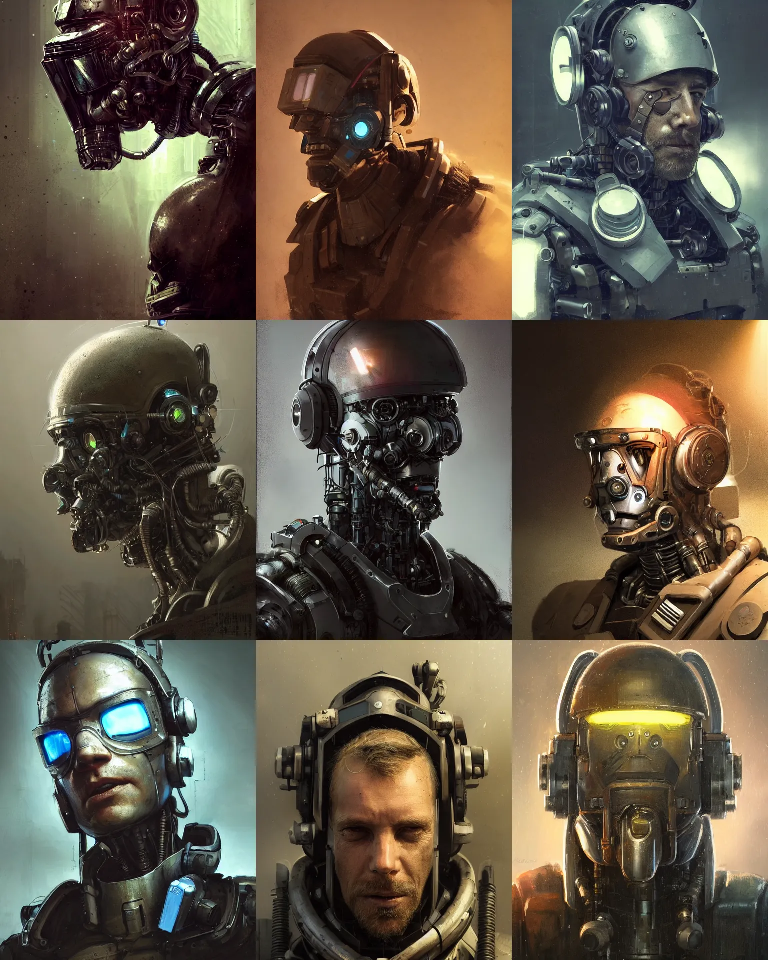 Prompt: a rugged research engineer man with cybernetic enhancements, detailed optics mask, scifi character portrait by greg rutkowski, esuthio, craig mullins, 1 / 4 headshot, cinematic lighting, dystopian scifi gear, gloomy, profile picture, mechanical, half robot, implants, steampunk, warm colors