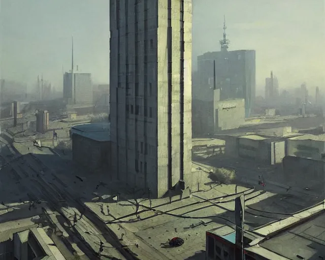 Image similar to brutalist soviet city of warsaw, poland. fantasy art by greg rutkowski, gustave courbet, rosa bonheur, edward hopper. faithfully depicted architecture, realistic, sharp focus, global illumination, radiant light, detailed and intricate environment, trending on artstation