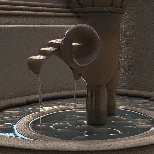 Image similar to a stream of water entering a machine made from organ shaped amphoras and producing a coin in the style of an instructions manual, 8k , octane