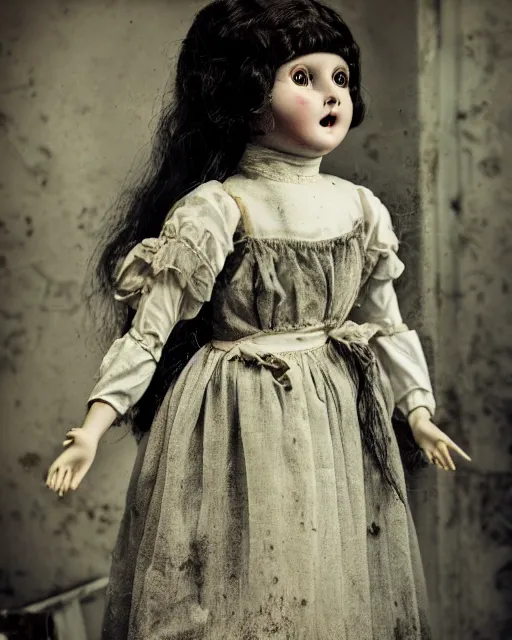 Image similar to closeup portrait of a creepy antique porcelain doll wearing a dirty dress with long wet black hair standing in a dimly lit filthy room in an abandoned old asylum at night, 8k octane render, cinematic, dramatic lighting, volumetric lighting, vintage photo, (1890)