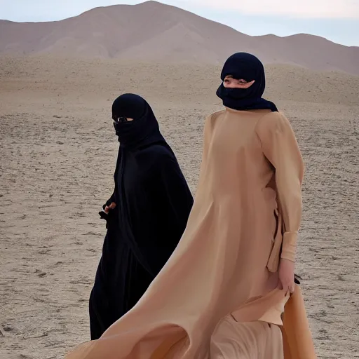 Prompt: anna forsterling and saul bromberger, yulia nevskaya, pulitzer, photorealistic, detailed details / woman wear burqa ride camel and handling gun